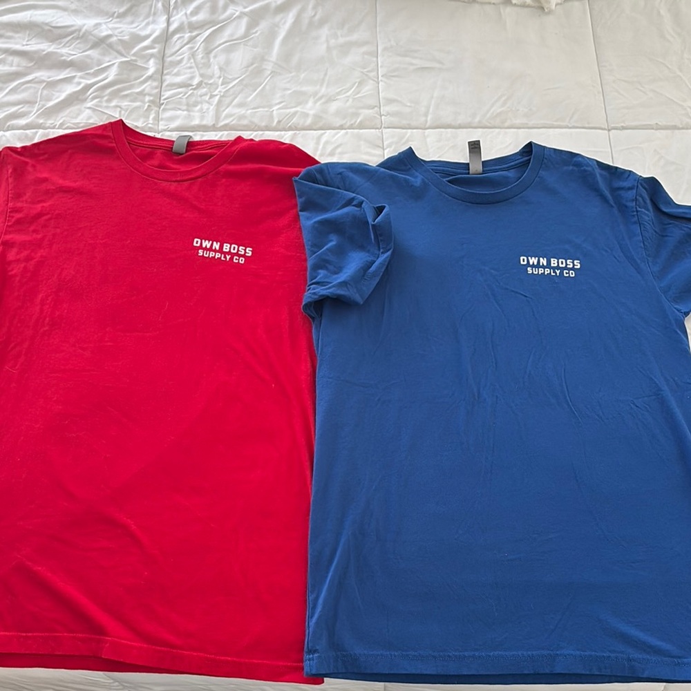 Red and Blue OWN BOSS T-Shirts, blank on backs